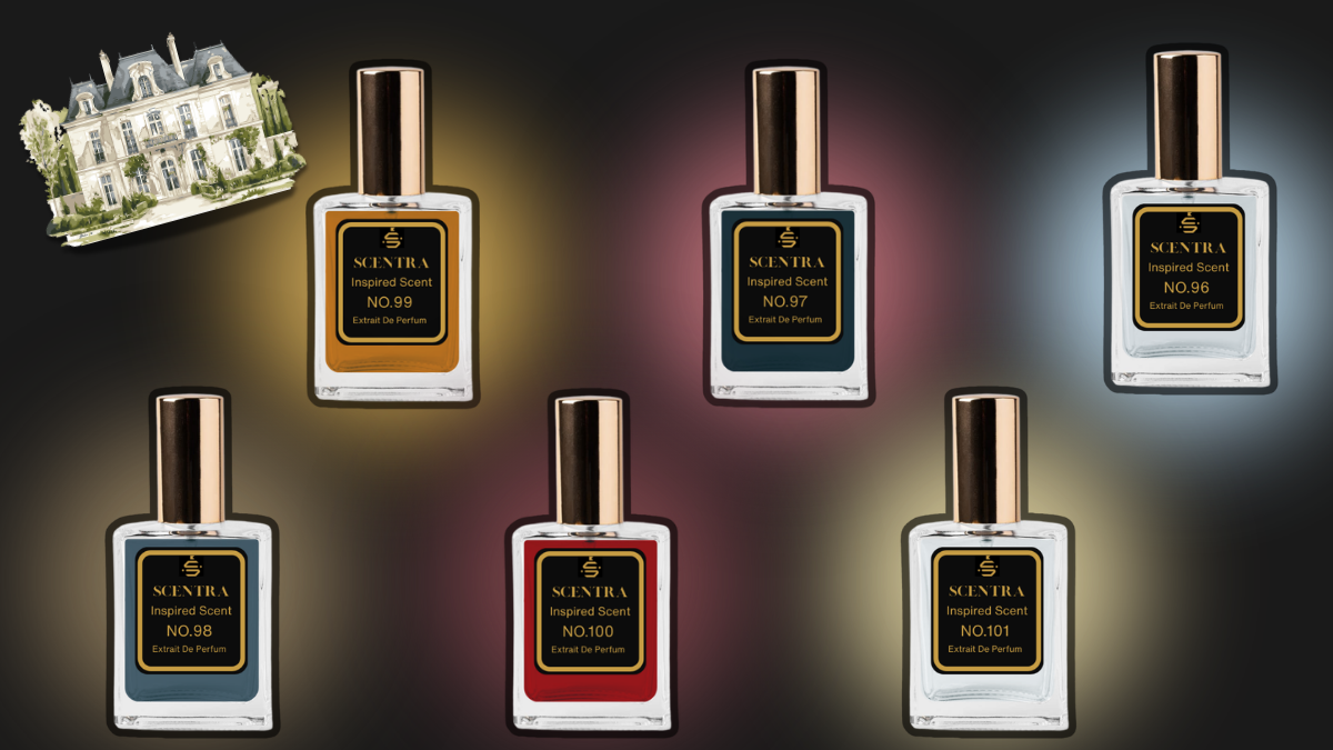 Six Scentra perfume bottles, No.96 through No.101, each with a distinct colored glow, representing Maison Francis Kurkdjian dupe fragrances