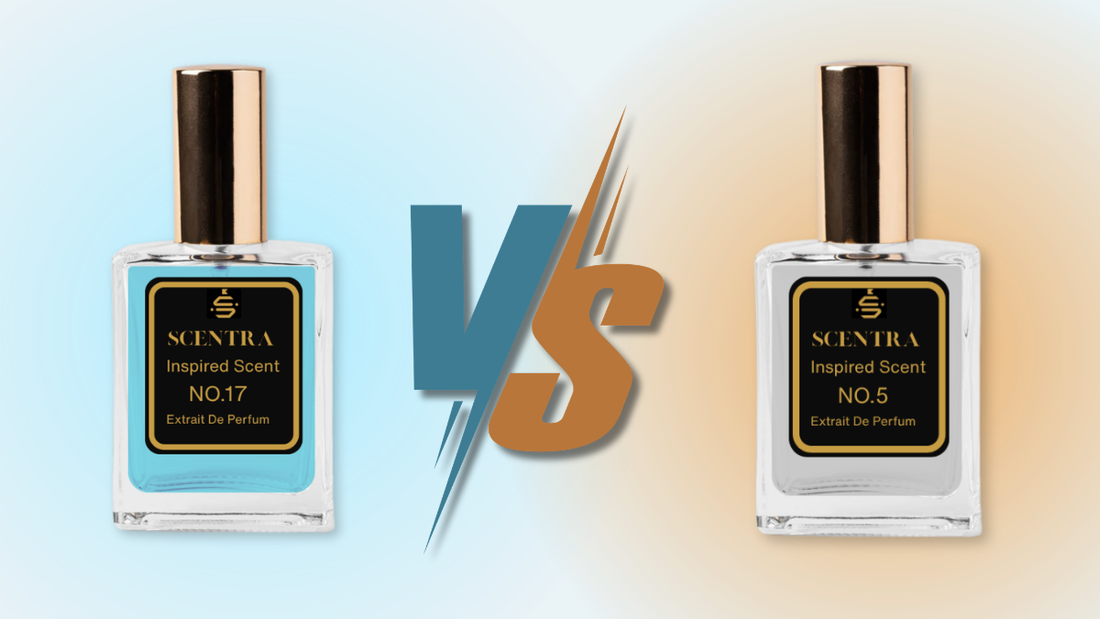 Two Scentra perfume bottles, No.17 and No.5, displayed side by side with a VS graphic between them, representing a Dior Sauvage vs Creed Aventus fragrance comparison