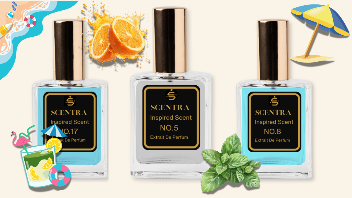 Three Scentra perfume bottles in a summer lineup featuring No 17, No 5, and No 8 on a cream background with a beach shoreline, umbrella, orange, and mint elements.