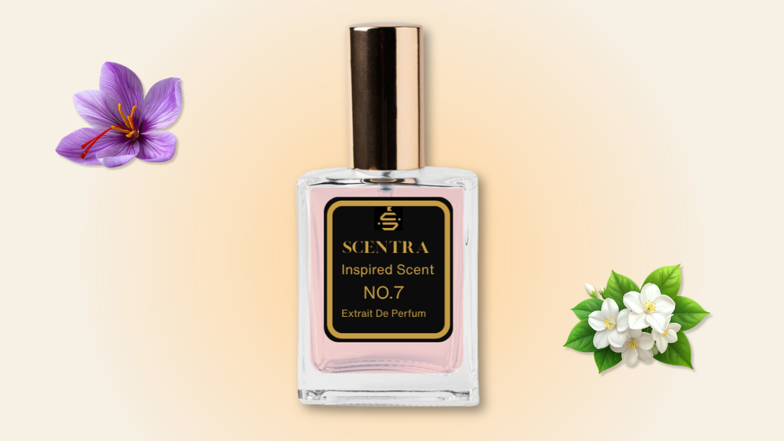 Scentra No.7 perfume bottle with a warm amber glow, inspired by Baccarat Rouge 540