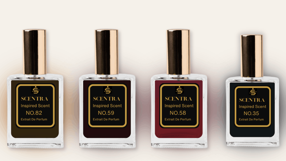 Four Scentra perfume bottles, No.82, No.59, No.58, and No.35, each with a colored glow, representing Tom Ford cologne dupes