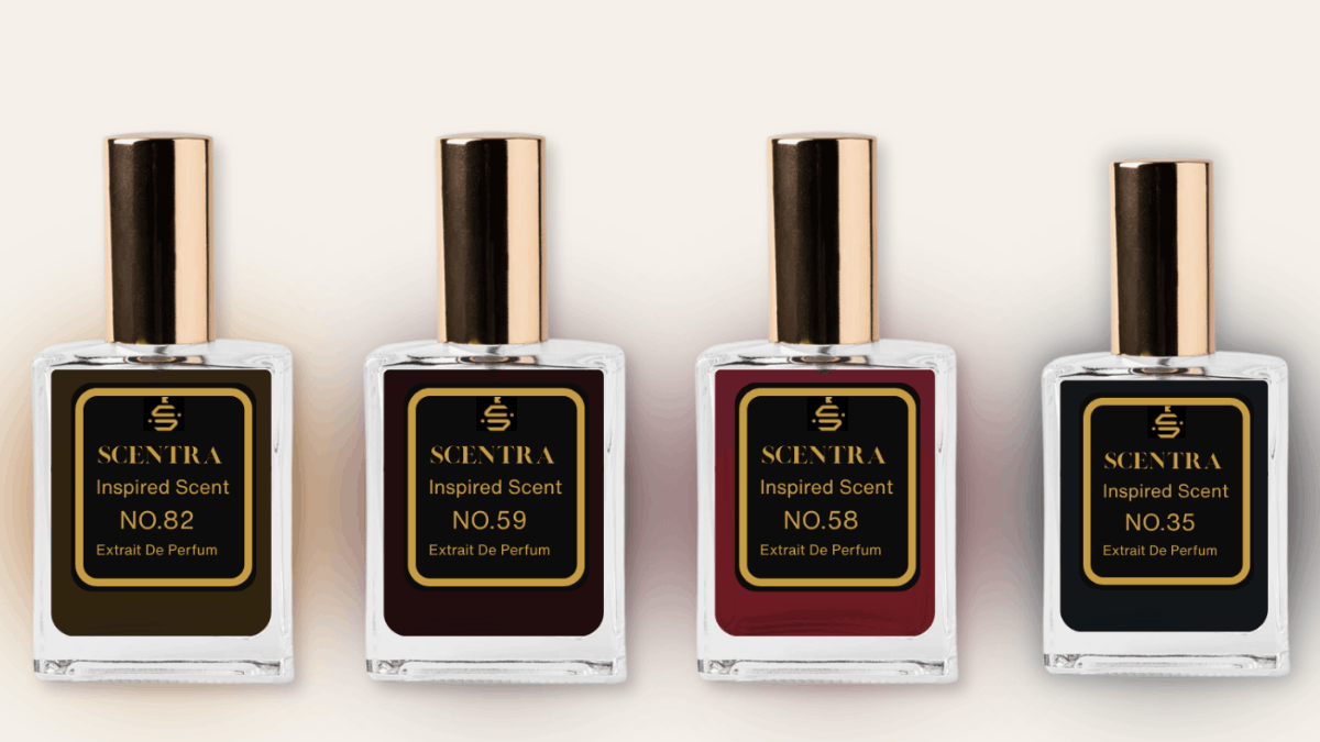 Four Scentra perfume bottles, No.82, No.59, No.58, and No.35, each with a colored glow, representing Tom Ford cologne dupes