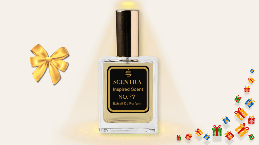 Spotlit Scentra perfume bottle with a gold ribbon and wrapped gift boxes, representing a men's cologne gift guide