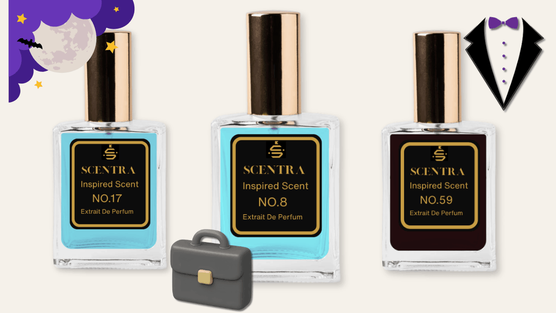 Three Scentra perfume bottles, No.8, No.17, and No.59, with briefcase, moon, and bowtie icons representing office, evening, and formal occasions