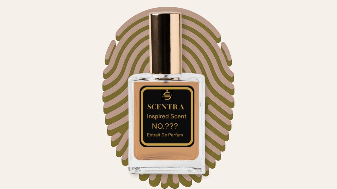 Scentra perfume bottle on a gold fingerprint pattern background, representing how to find your personal signature scent