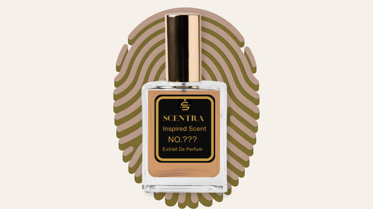 Scentra perfume bottle on a gold fingerprint pattern background, representing how to find your personal signature scent