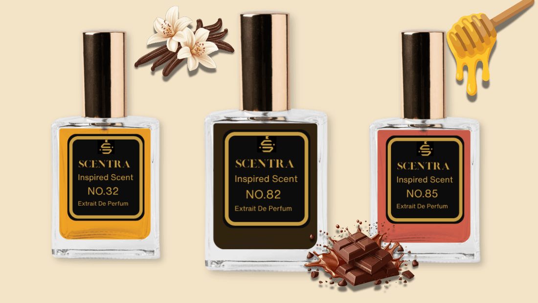 Three Scentra perfume bottles, No.32, No.82, and No.85, with vanilla pods, chocolate, and honey, representing the vanilla and gourmand fragrance trend