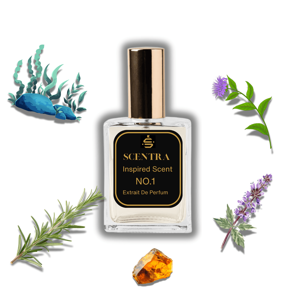 Scentra No.1 perfume inspired by Giorgio Armani Acqua Di Gio surrounded by illustrated scent notes of blue-teal marine seaweed, a fresh rosemary sprig, and a golden amber stone.