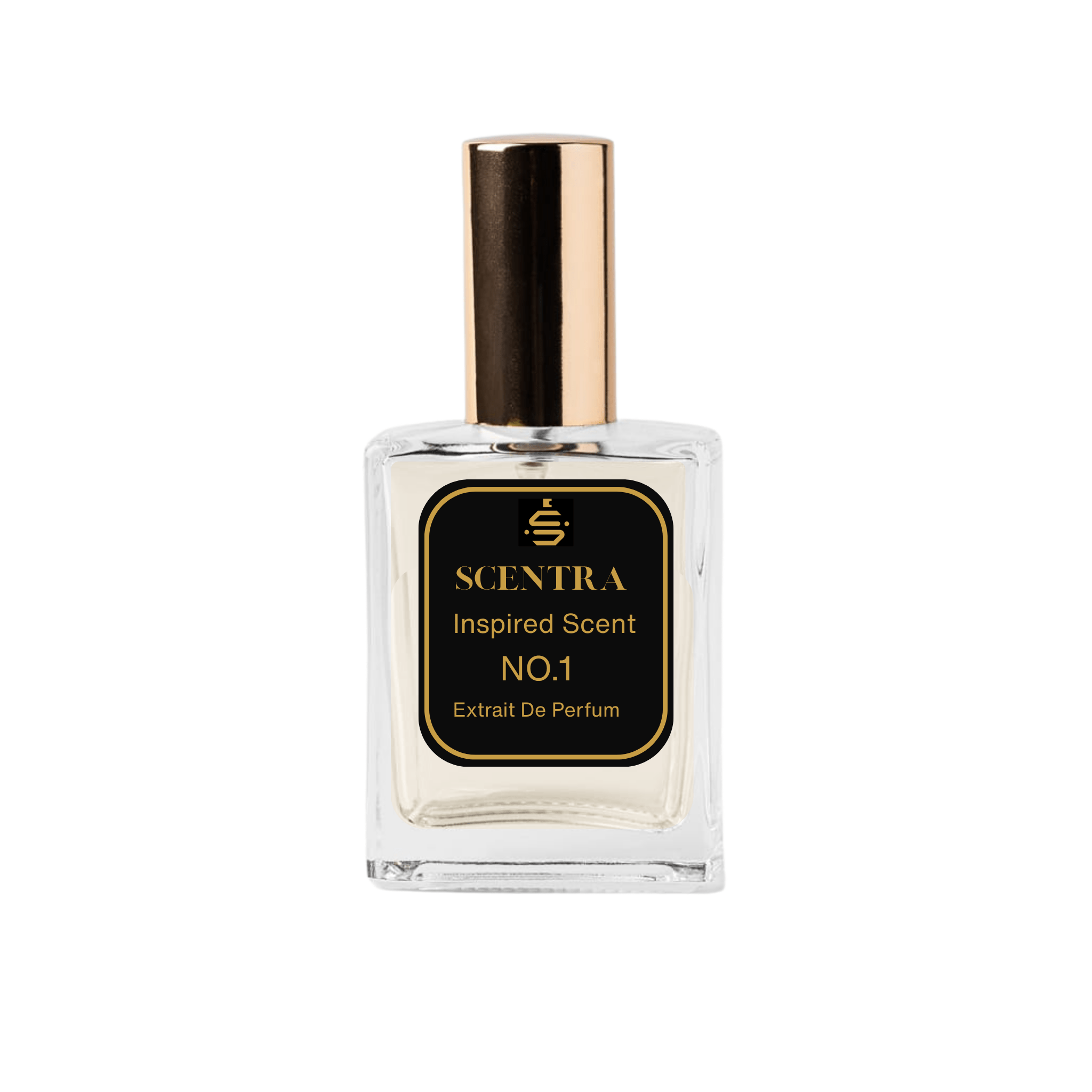 Scentra No.1 Aromatic Aquatic Extrait de Parfum glass bottle with gold cap and elegant black label.