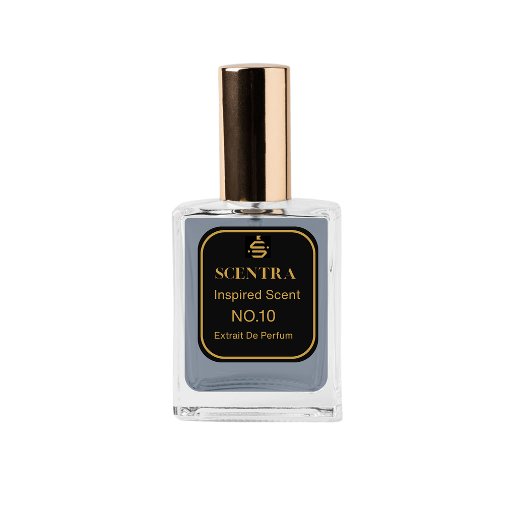 Scentra No.10 Woody Aromatic Extrait de Parfum glass bottle with gold cap and elegant black label.