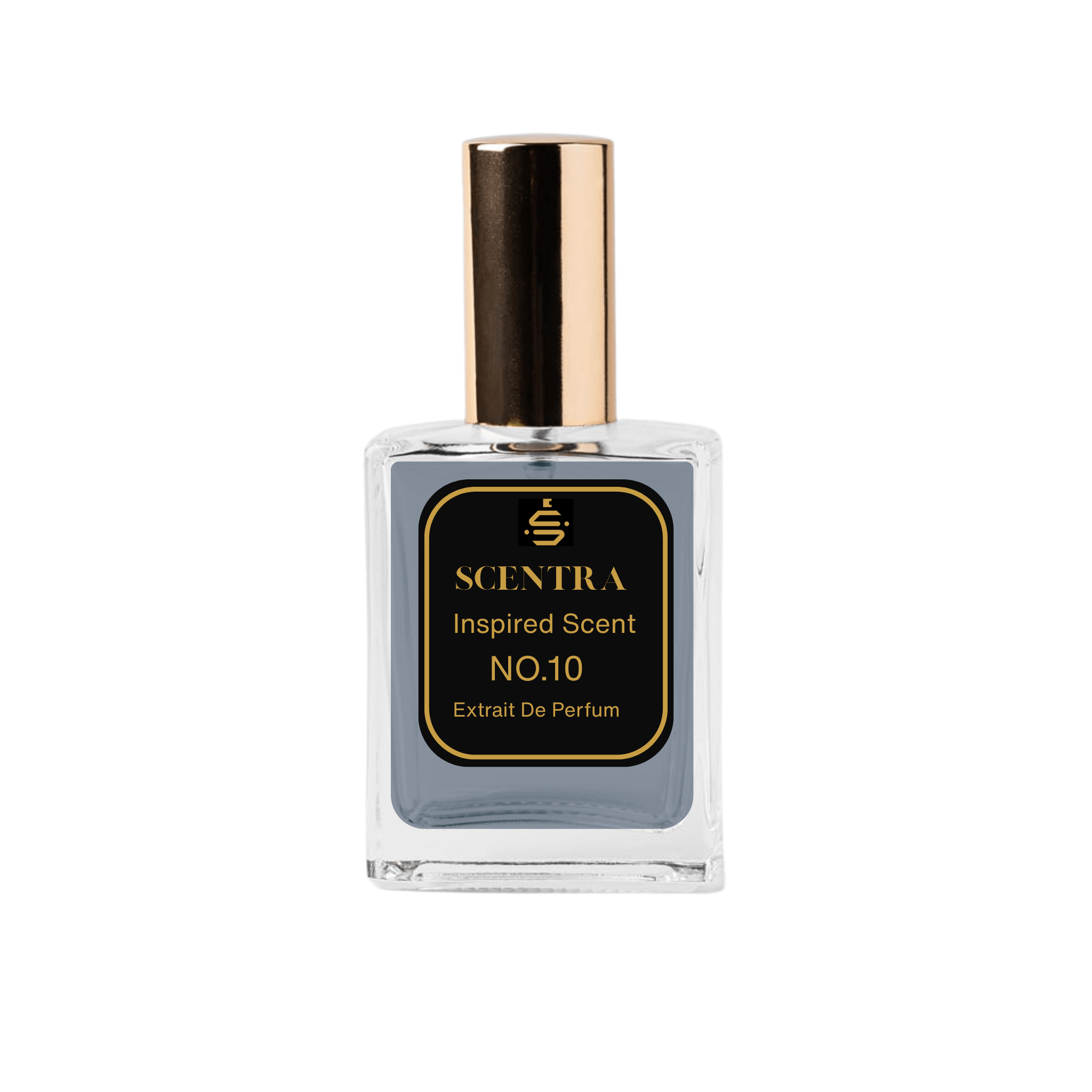Scentra No.10 Woody Aromatic Extrait de Parfum glass bottle with gold cap and elegant black label.