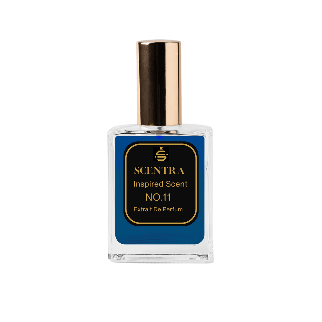 Scentra No.11 Aromatic Fougère Extrait de Parfum glass bottle with gold cap and elegant black label.