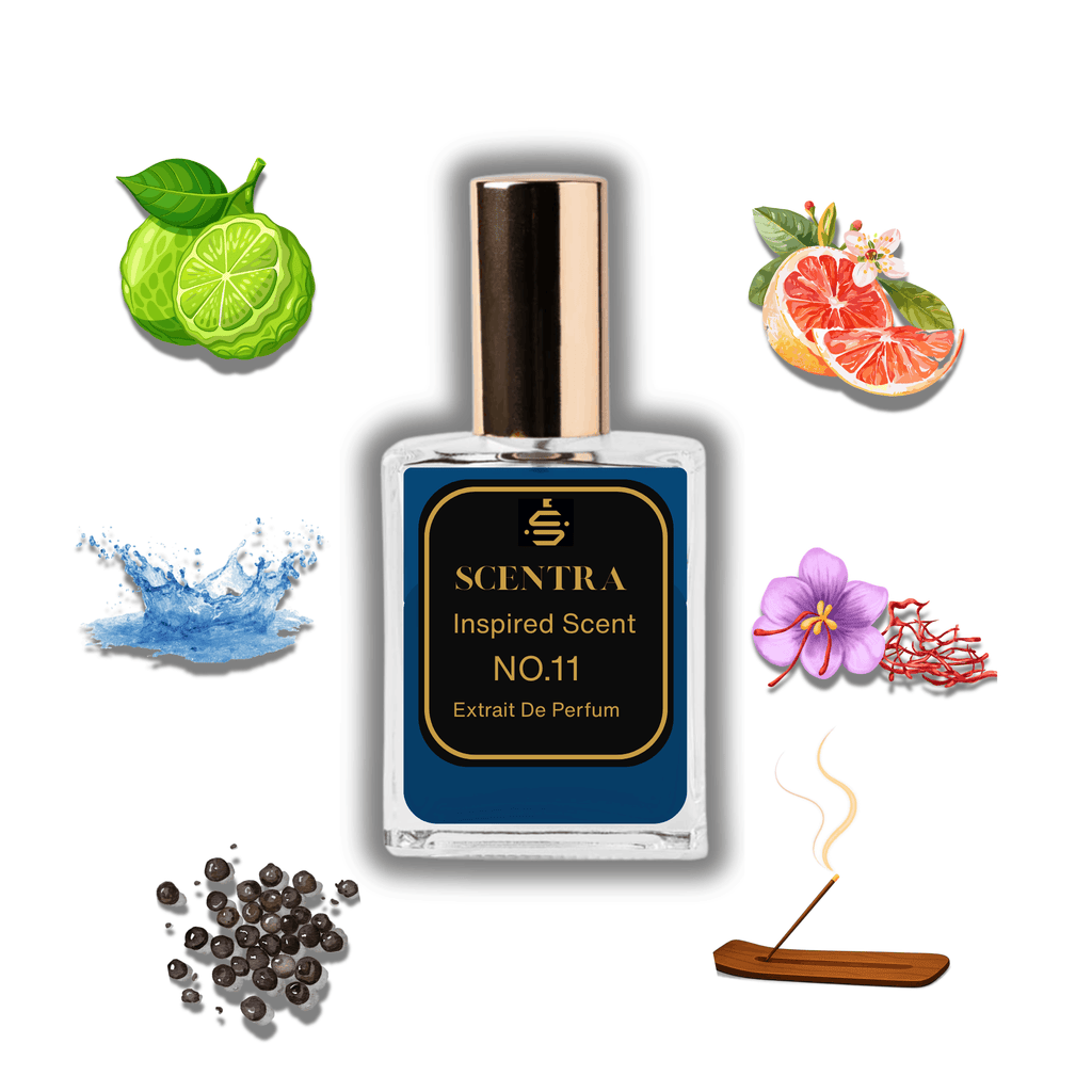 Scentra No.11 perfume inspired by Versace Dylan Blue surrounded by illustrated scent notes of Calabrian bergamot, sliced grapefruit, and a burning incense stick.