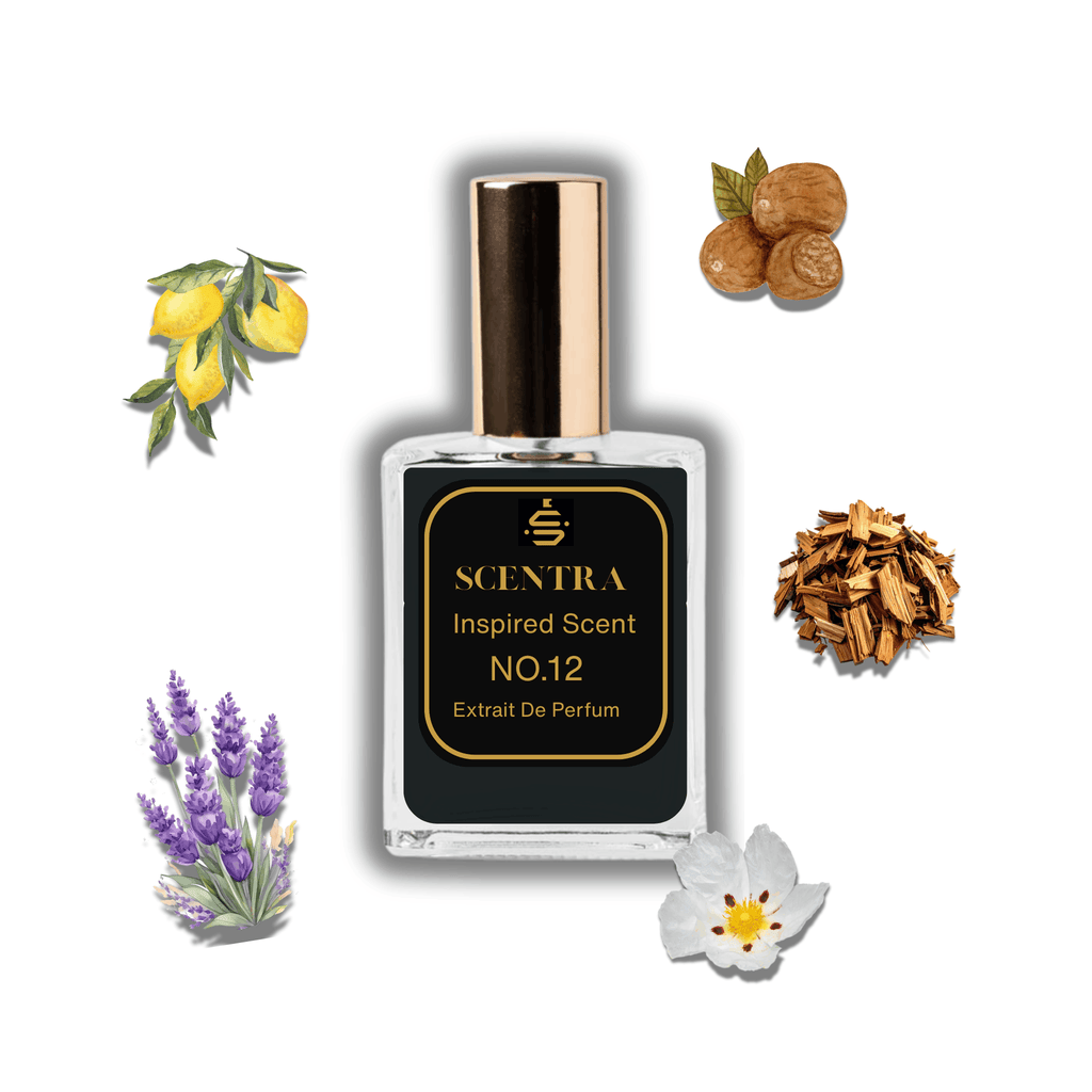 Scentra No.12 perfume inspired by Gucci Guilty Pour Homme surrounded by illustrated scent notes of yellow lemons, lavender stalks, and dry wood chips.