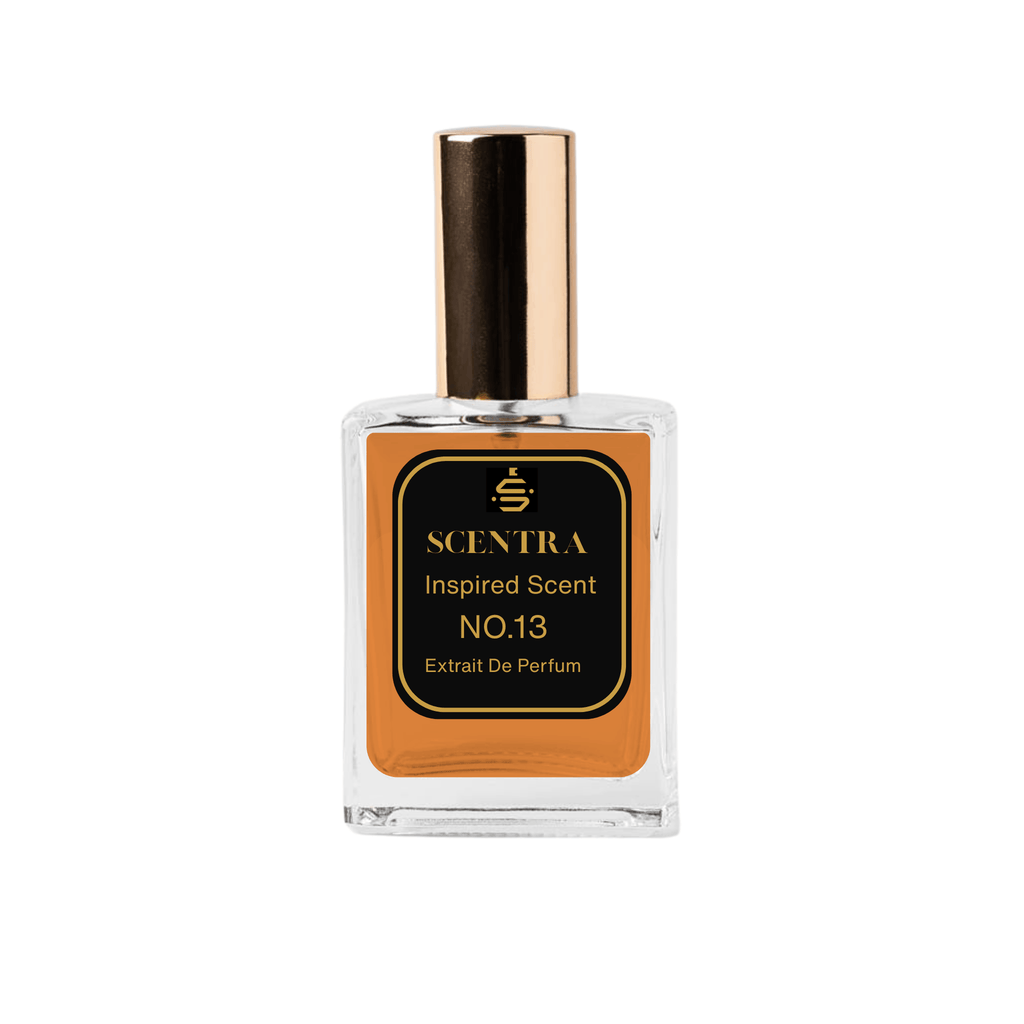 Scentra No.13 Woody Amber Spicy Extrait de Parfum glass bottle with gold cap and elegant black label.