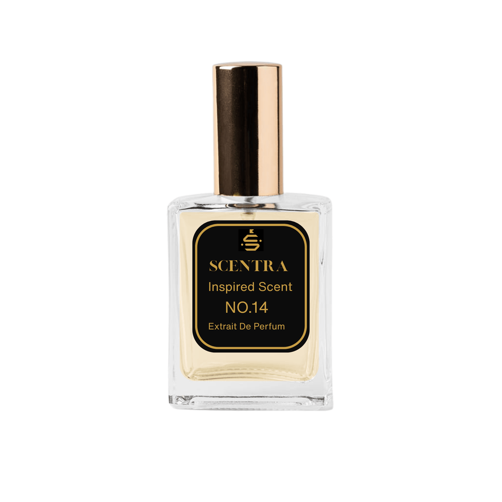 Scentra No.14 Amber Spicy Extrait de Parfum glass bottle with gold cap and elegant black label.