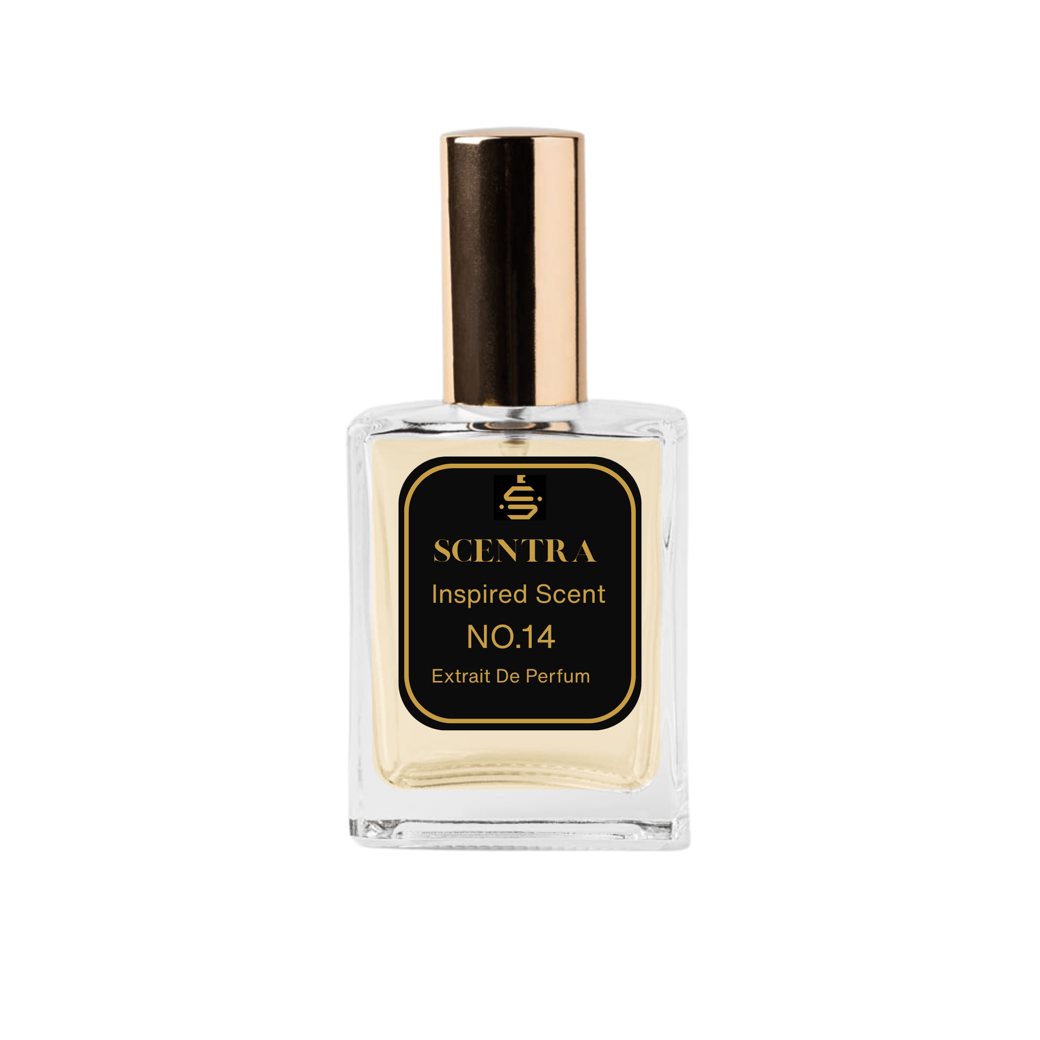 Scentra No.14 Amber Spicy Extrait de Parfum glass bottle with gold cap and elegant black label.