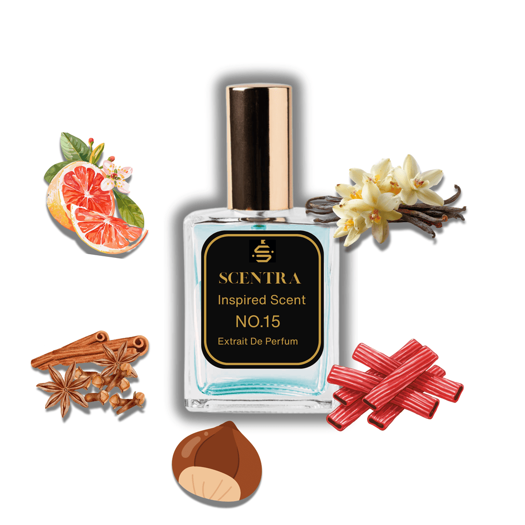 Scentra No.15 perfume inspired by Dior Sauvage Elixir surrounded by illustrated scent notes of a sliced grapefruit, cinnamon sticks, and red licorice.