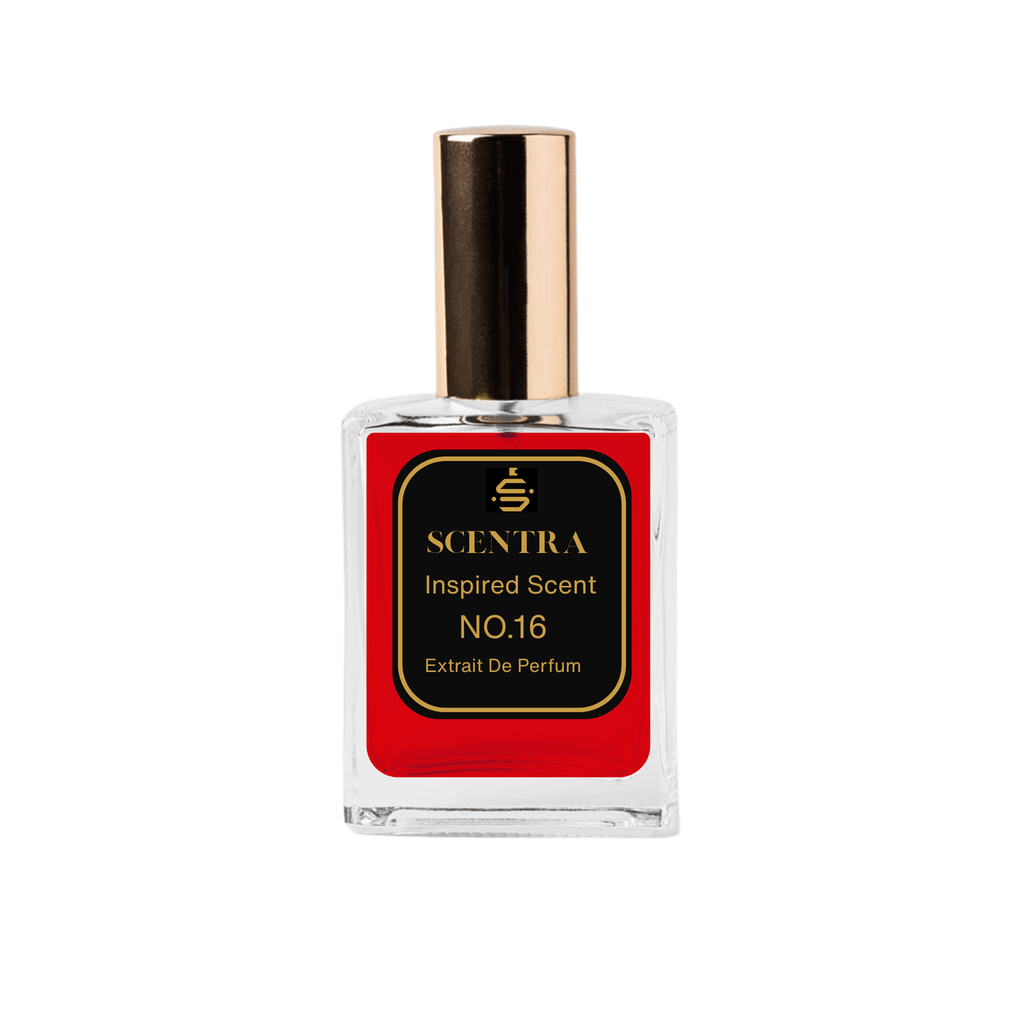 Scentra No.16 Aromatic Fougère Extrait de Parfum glass bottle with gold cap and elegant black label.