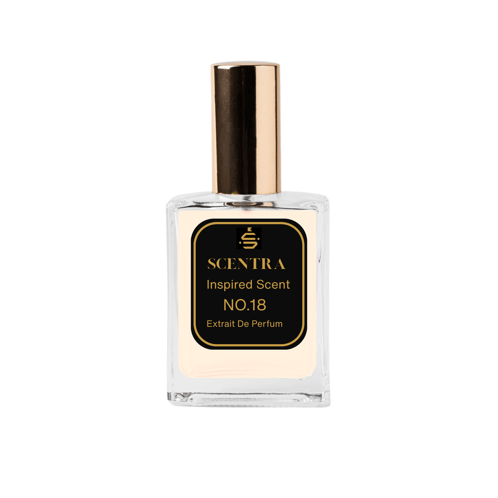 Scentra No.18 Citrus Aromatic Extrait de Parfum glass bottle with gold cap and elegant black label.