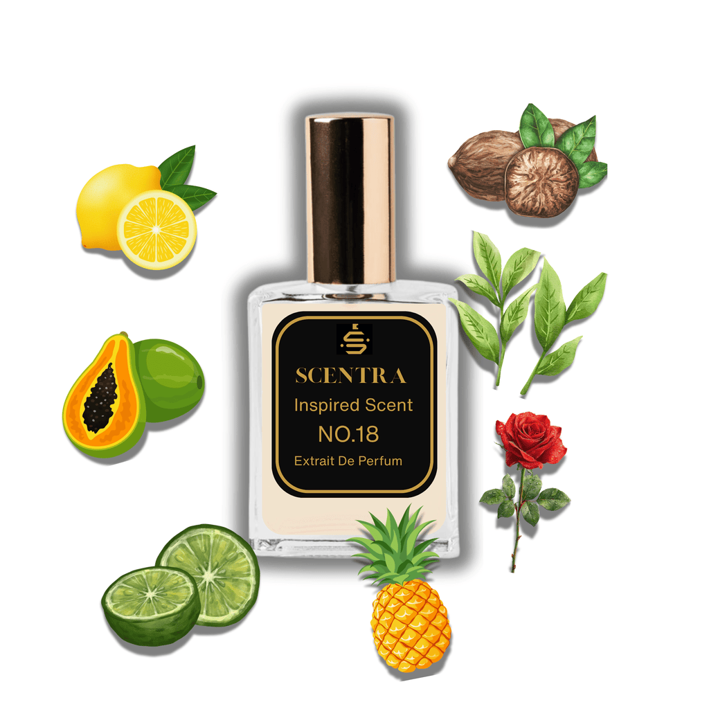 Scentra No.18 perfume inspired by Calvin Klein CK One surrounded by illustrated scent notes of fresh lemons, sliced papaya, and a tropical pineapple.