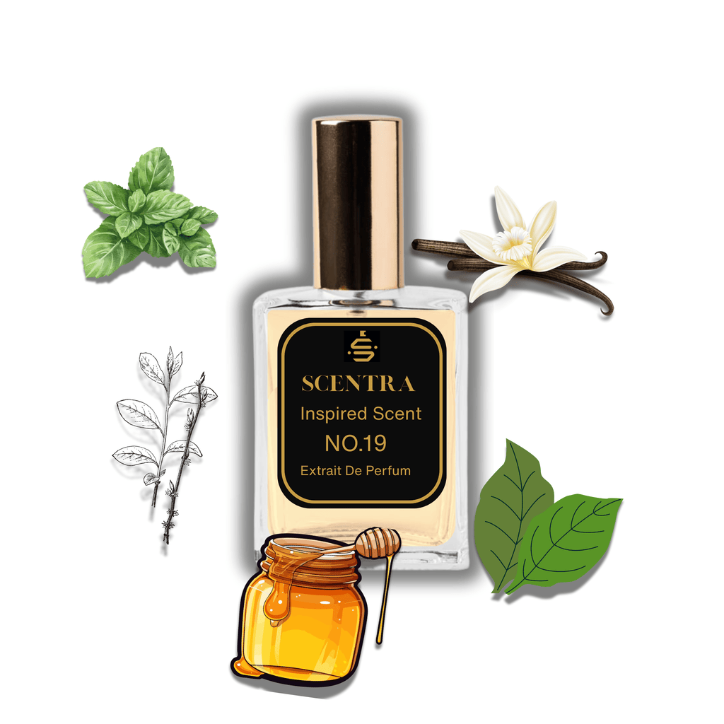 Scentra No.19 perfume inspired by Jean Paul Gaultier Le Male Elixir surrounded by illustrated scent notes of green mint, lavender stalks, and a jar of golden honey.