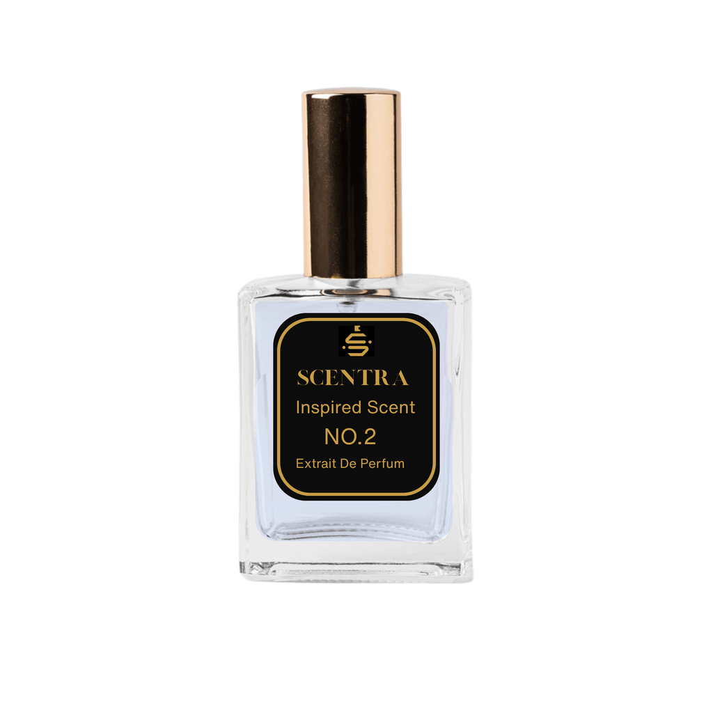 Scentra No.2 Woody Aquatic Extrait de Parfum glass bottle with gold cap and elegant black label.