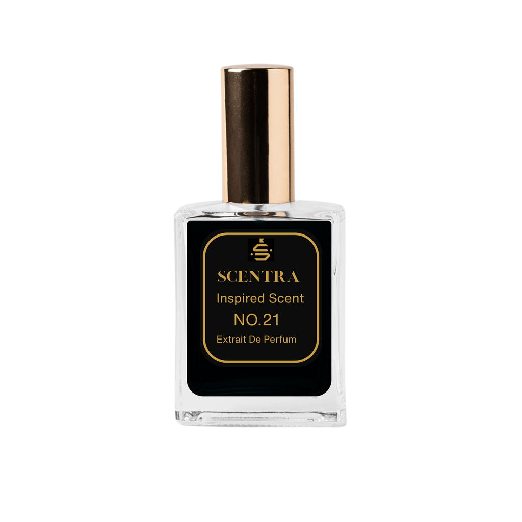 Scentra No.21 Aromatic Floral Woody Extrait de Parfum glass bottle with gold cap and elegant black label.