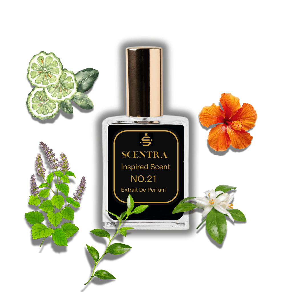 Scentra No.21 perfume inspired by Yves Saint Laurent MYSLF surrounded by illustrated scent notes of fresh bergamot, orange blossom, and neroli.