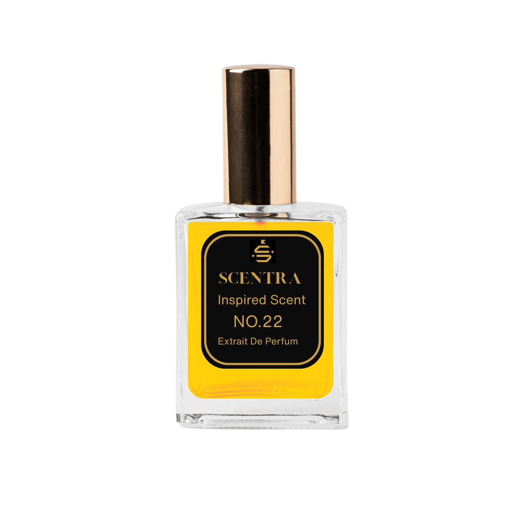 Scentra No.22 Woody Spicy Extrait de Parfum glass bottle with gold cap and elegant black label.