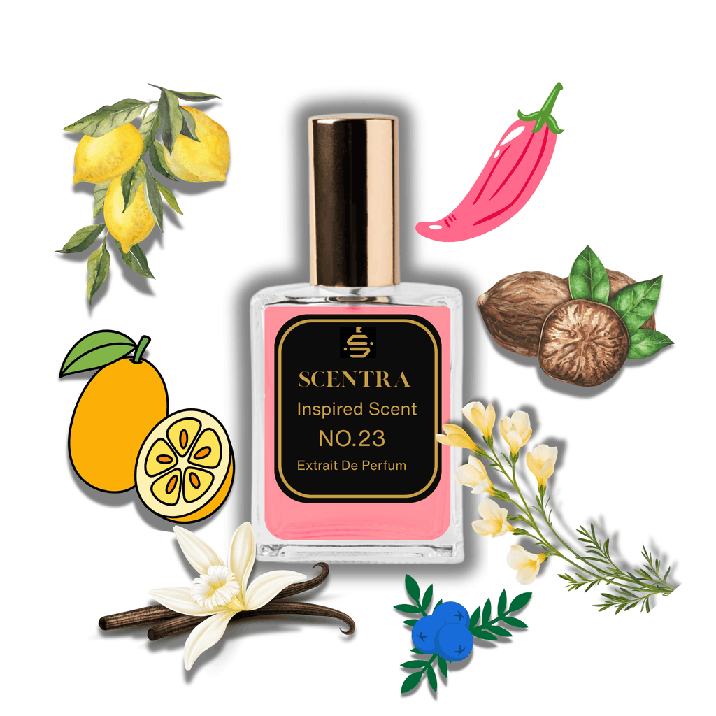Scentra No.23 perfume inspired by Hugo Boss Hugo Energise surrounded by illustrated scent notes of fresh lemons, kumquats, and a pink pepper pod.