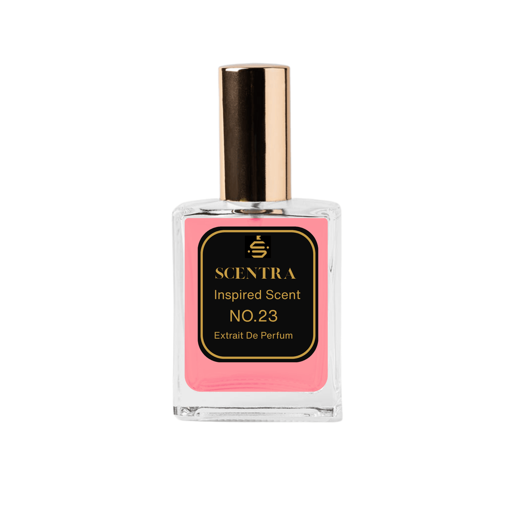 Scentra No.23 Woody Aromatic Extrait de Parfum glass bottle with gold cap and elegant black label.