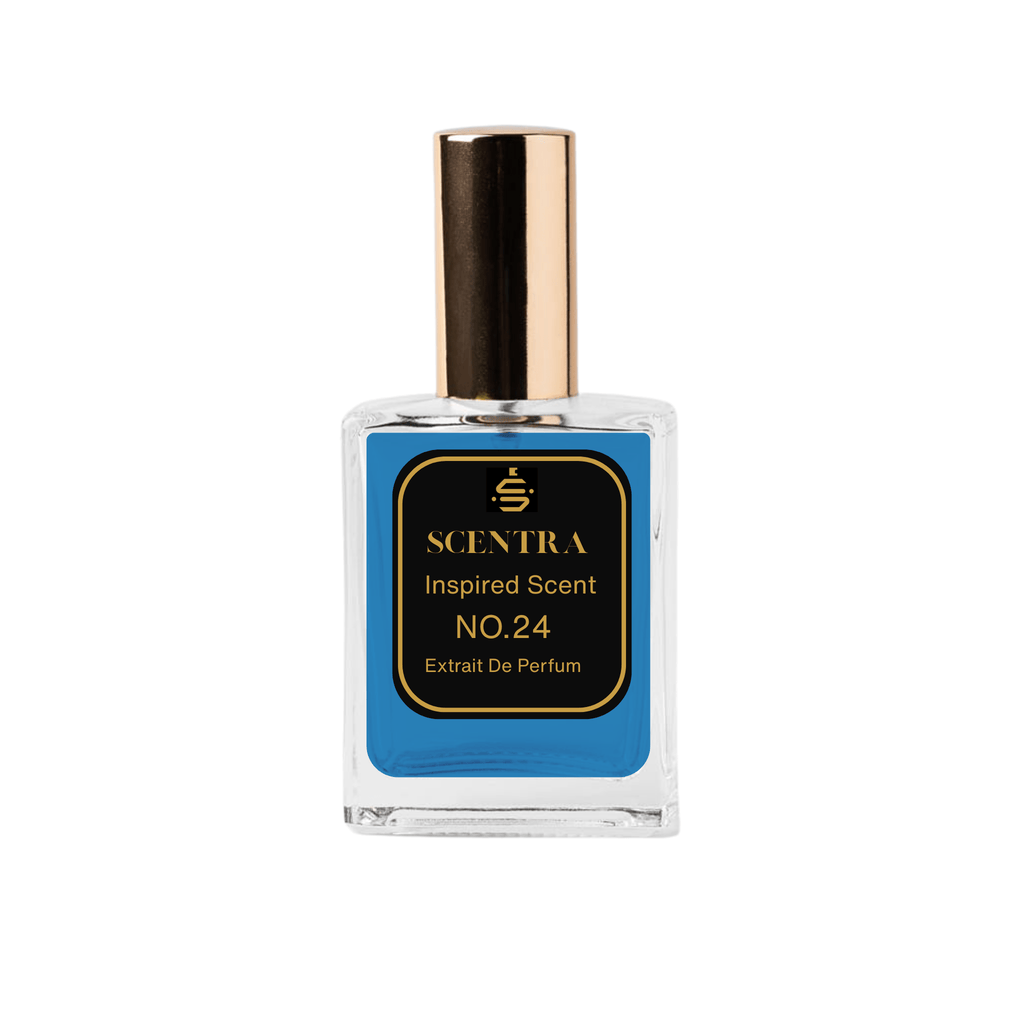 Scentra No.24 Aromatic Fougère Extrait de Parfum glass bottle with gold cap and elegant black label.