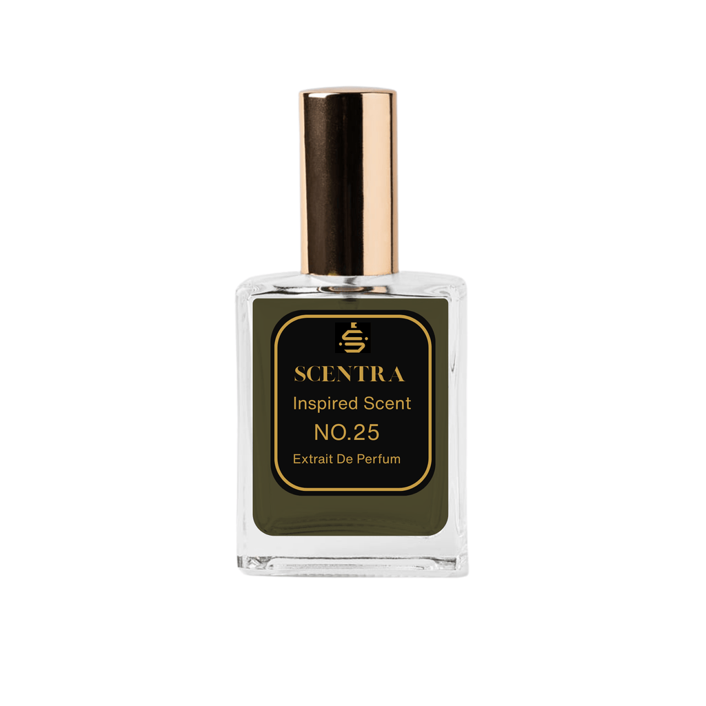 Scentra No.25 Amber Woody Extrait de Parfum glass bottle with gold cap and elegant black label.
