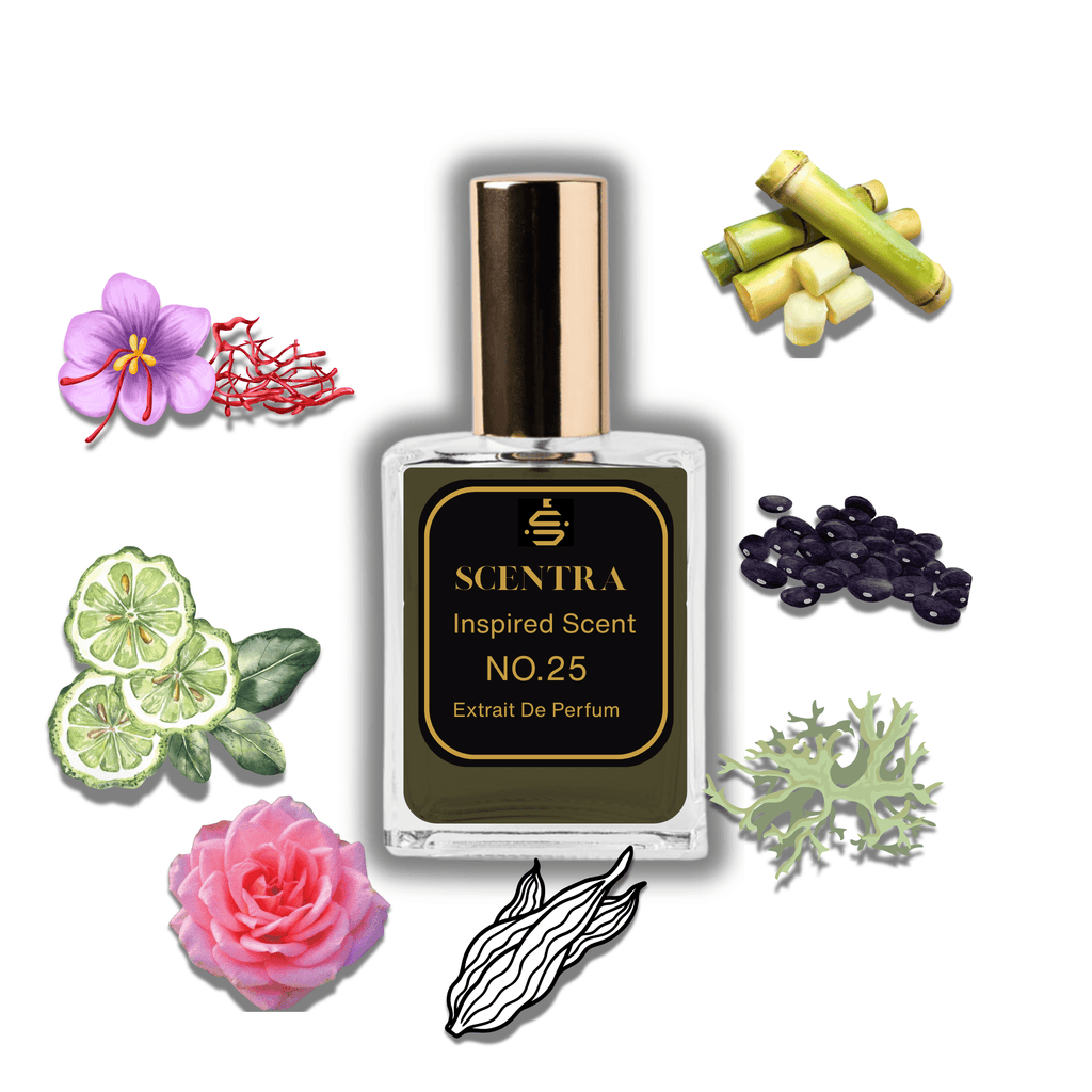 Scentra No.25 perfume inspired by Montale Arabians Tonka surrounded by illustrated scent notes of saffron flowers, raw sugarcane, and a pink rose.