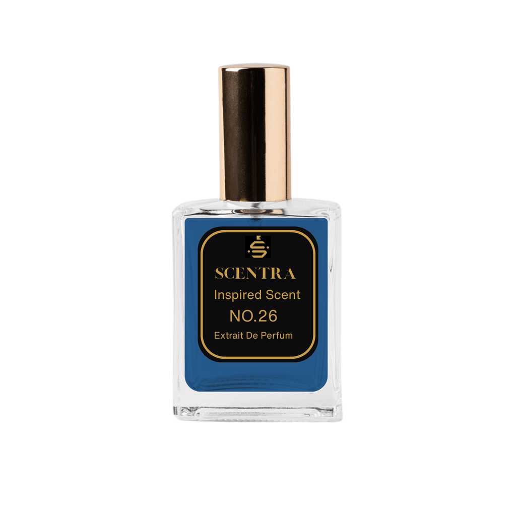 Scentra No.26 Amber Woody Extrait de Parfum glass bottle with gold cap and elegant black label.