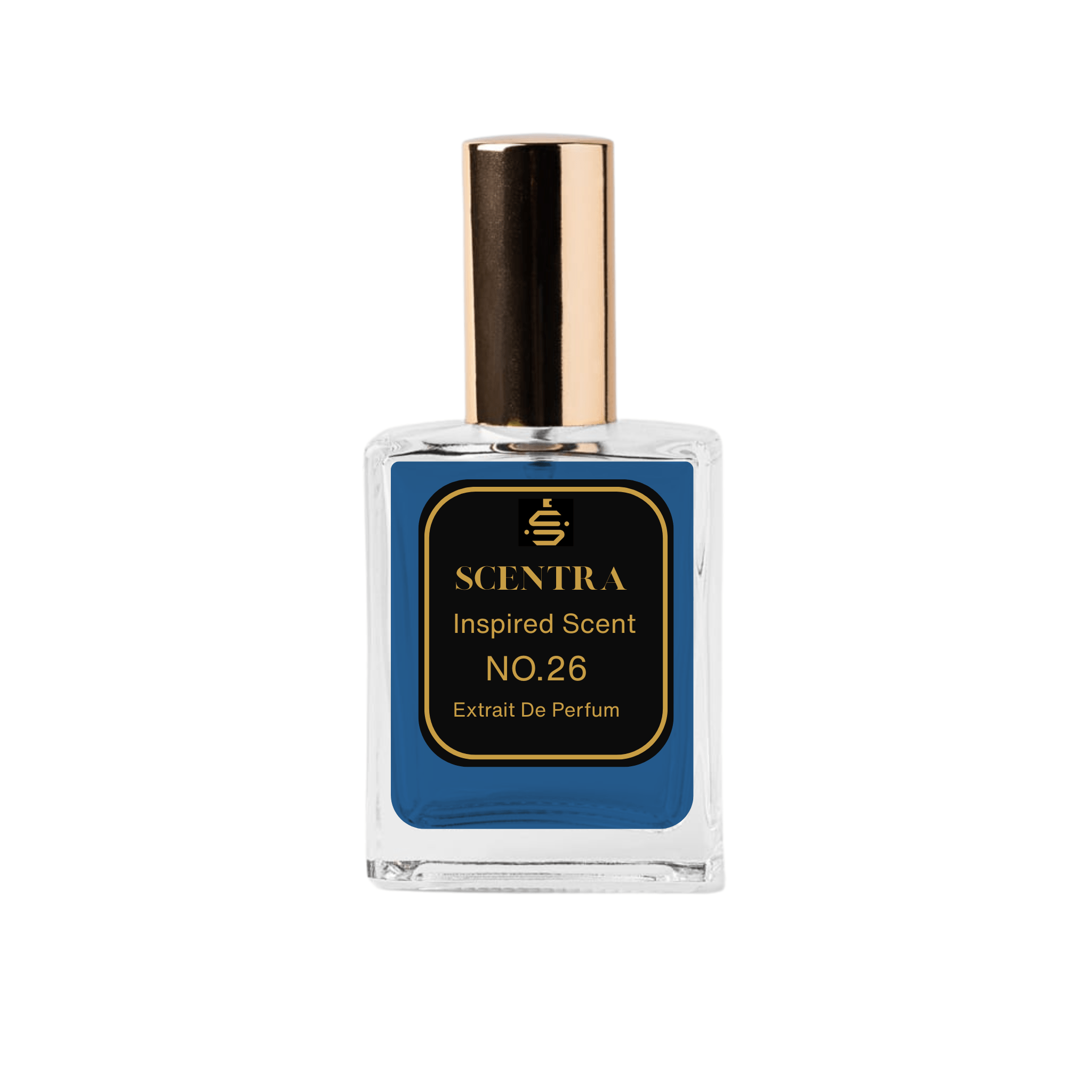 Scentra No.26 Amber Woody Extrait de Parfum glass bottle with gold cap and elegant black label.