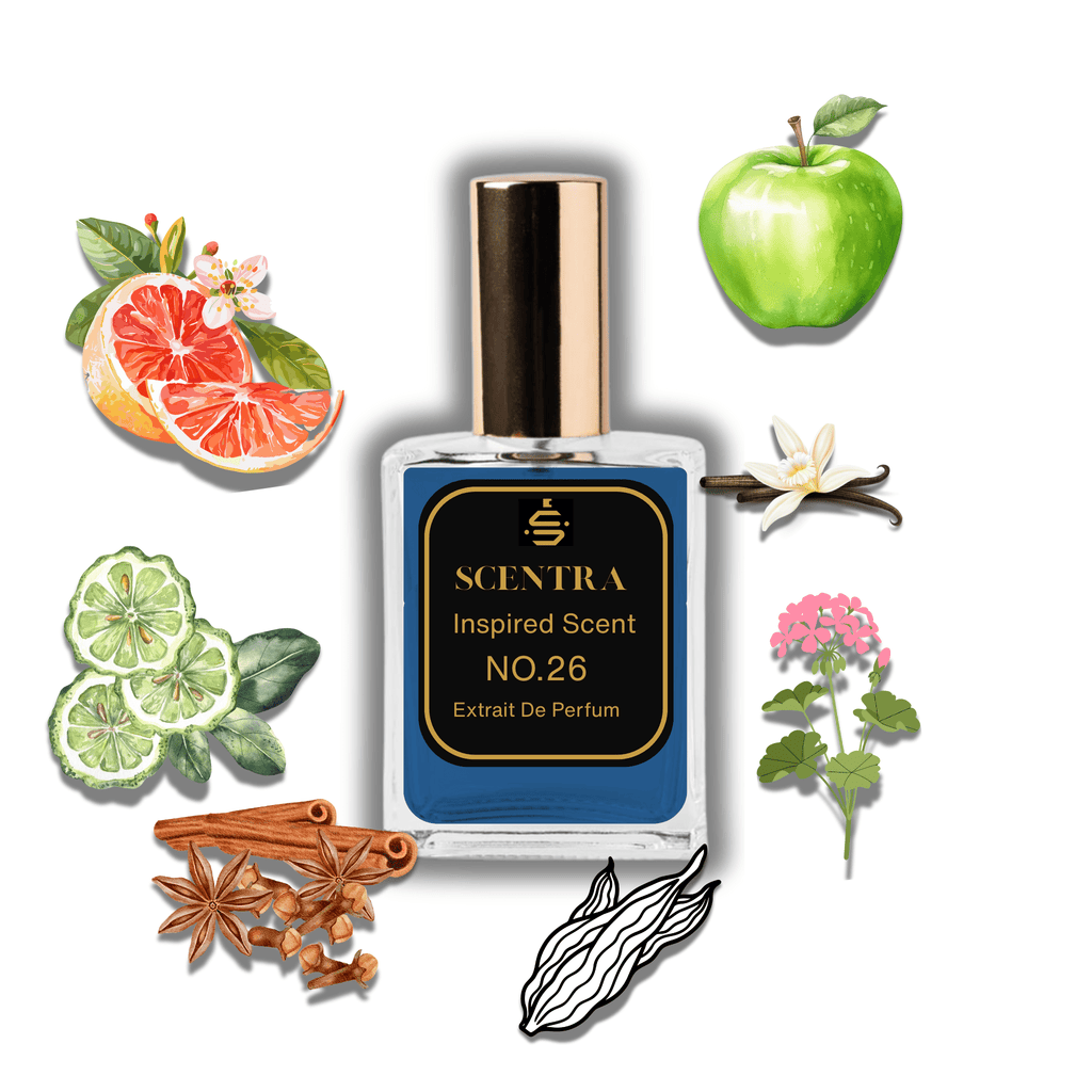 Scentra No.26 perfume inspired by Parfums de Marly Layton Exclusif surrounded by illustrated scent notes of pink grapefruit, a green apple, and cinnamon sticks.