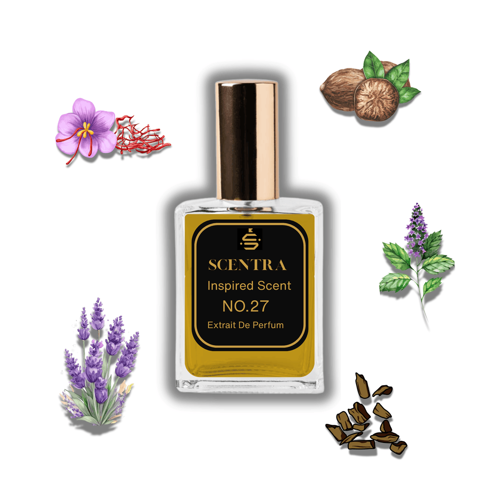 Scentra No.27 perfume inspired by Initio Parfums Privés Oud for Greatness surrounded by illustrated scent notes of saffron flowers, nutmeg kernels, and lavender sprigs.