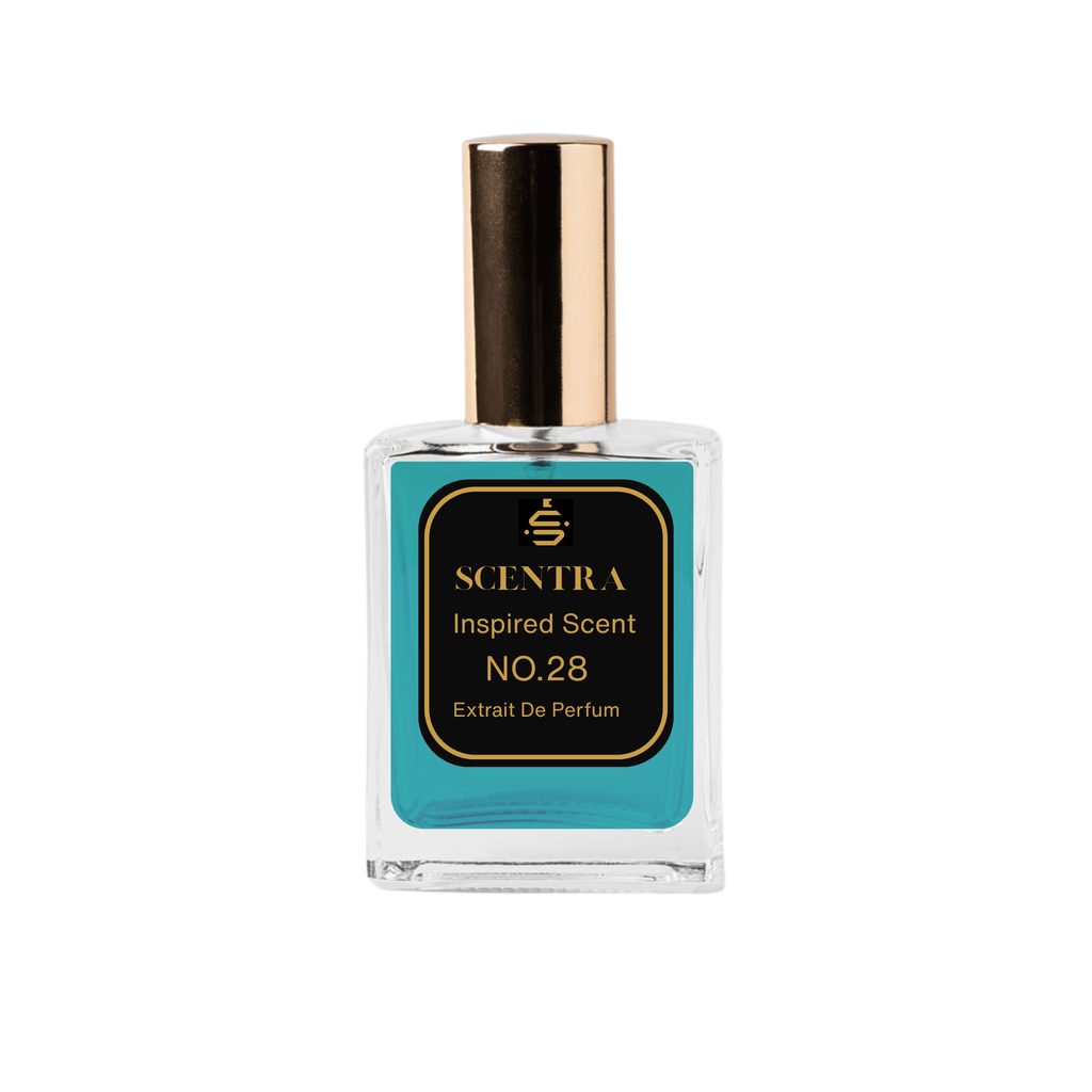 Scentra No.28 Citrus Aromatic Extrait de Parfum glass bottle with gold cap filled with vibrant teal fragrance oil.