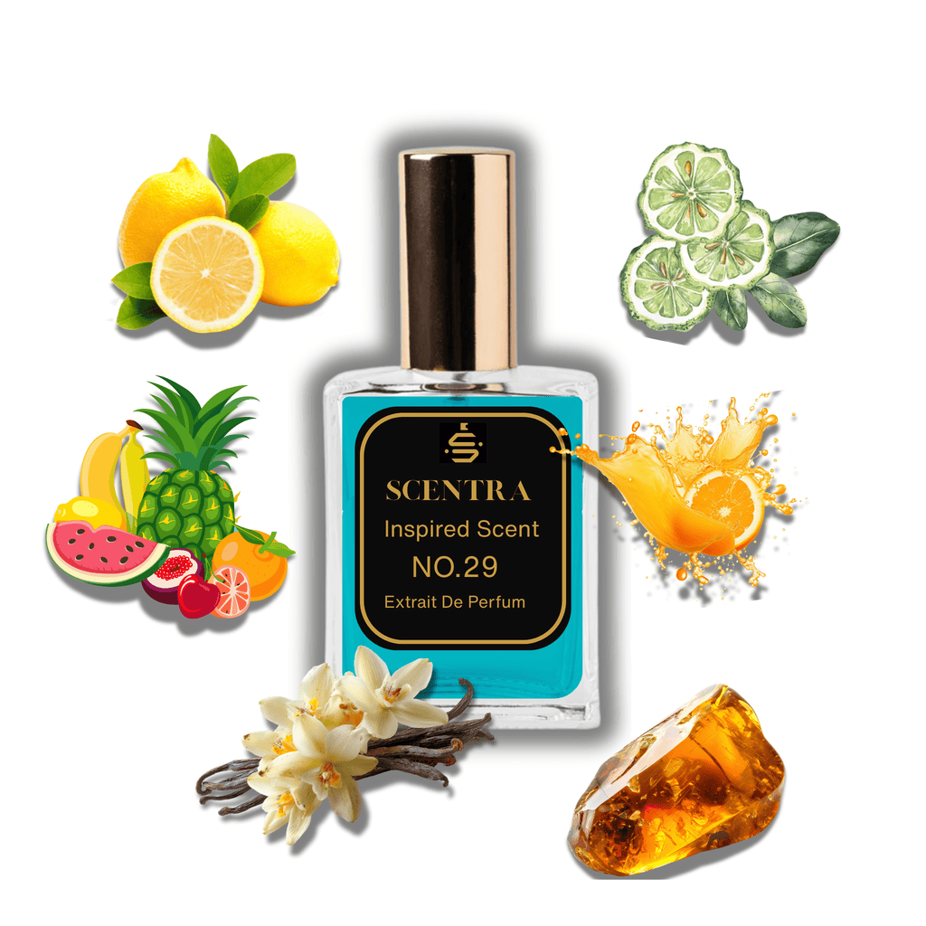 Scentra No.29 perfume inspired by Xerjoff Erba Pura surrounded by illustrated scent notes of yellow lemons, tropical Mediterranean fruits, and amber.
