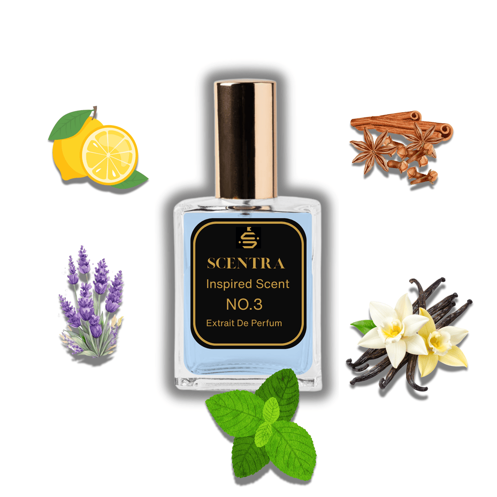 Scentra No.3 perfume inspired by Jean Paul Gaultier Ultra Male surrounded by illustrated scent notes of a yellow lemon, mint leaves, lavender, and cinnamon sticks.