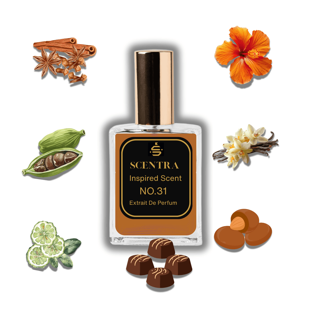 Scentra No.31 perfume inspired by Parfums de Marly Althaïr surrounded by illustrated scent notes of cinnamon sticks, green cardamom, and a bright orange flower.