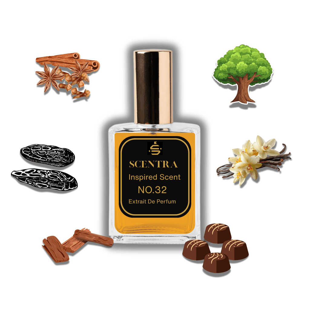 Scentra No.32 perfume inspired by Kilian Angels Share surrounded by illustrated scent notes of warm cinnamon sticks and sweet praline chocolates.