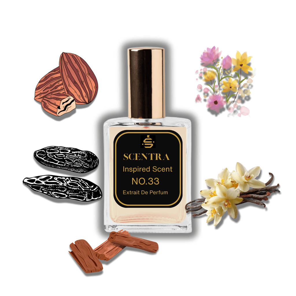 Scentra No.33 perfume inspired by Tom Ford Vanilla Sex surrounded by raw notes of bitter almond, tonka bean, and vanilla orchids.