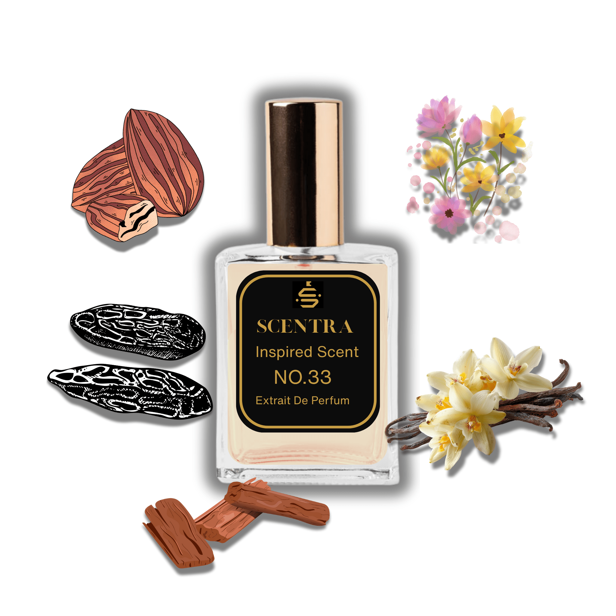 Scentra No.33 perfume inspired by Tom Ford Vanilla Sex surrounded by raw notes of bitter almond, tonka bean, and vanilla orchids.
