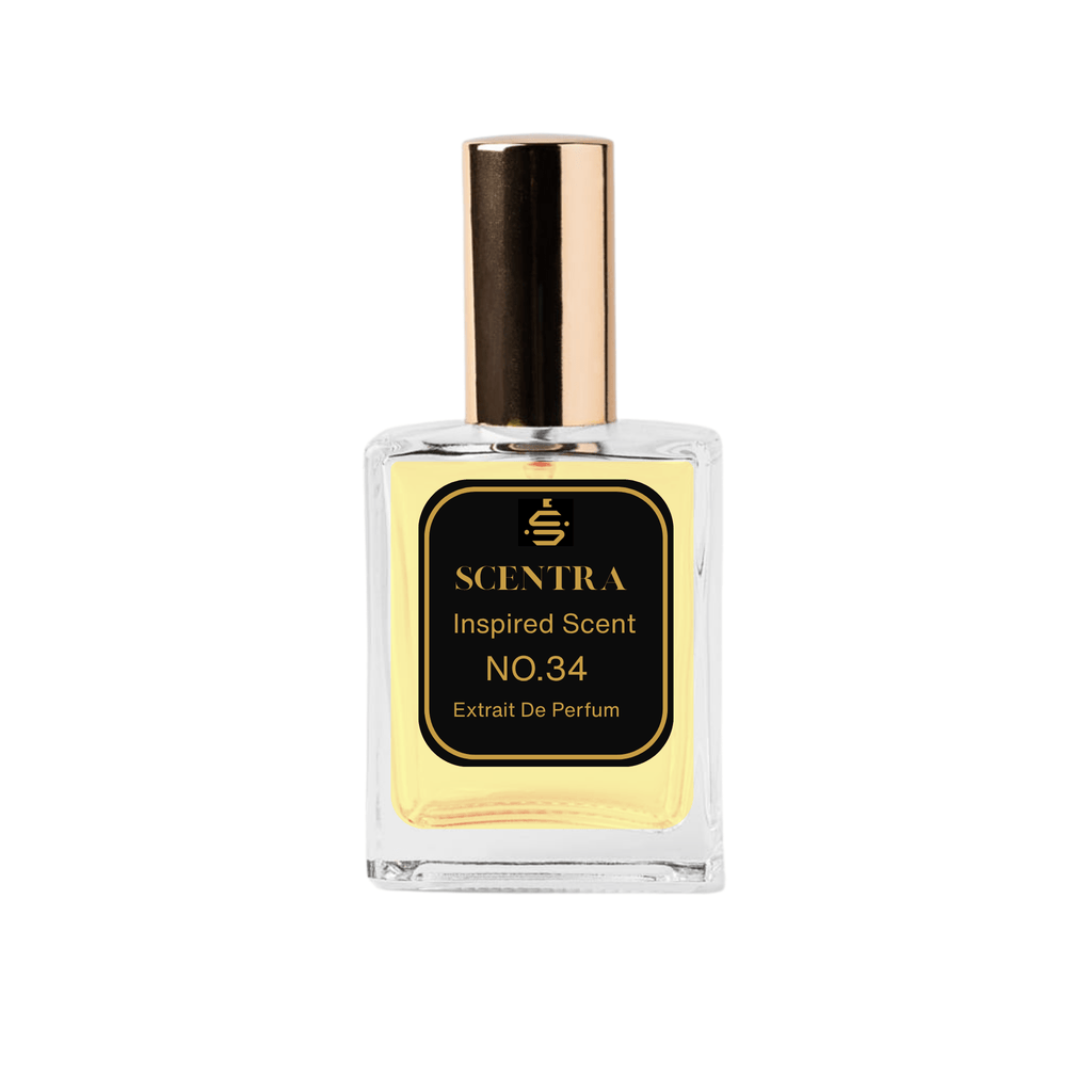 Scentra No.34 Amber Fougère Extrait de Parfum glass bottle with gold cap filled with light golden fragrance oil.