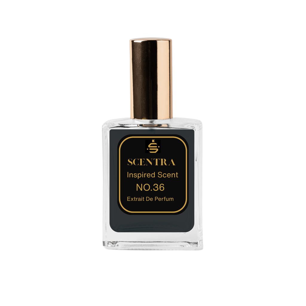 Scentra No.36 Amber Woody Extrait de Parfum glass bottle with gold cap and striking black label.
