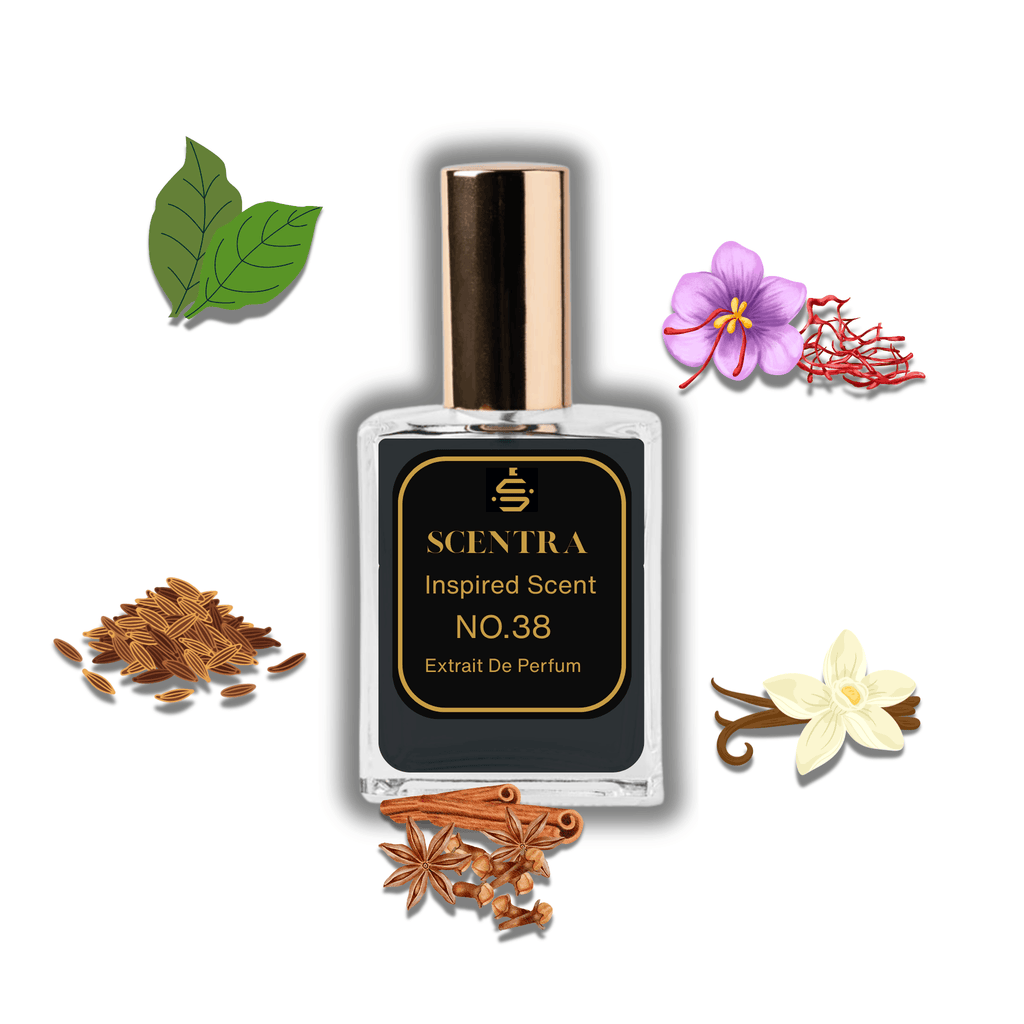 Scentra No.38 perfume bottle surrounded by illustrated scent notes of purple saffron flowers, cinnamon sticks, and vanilla orchids.