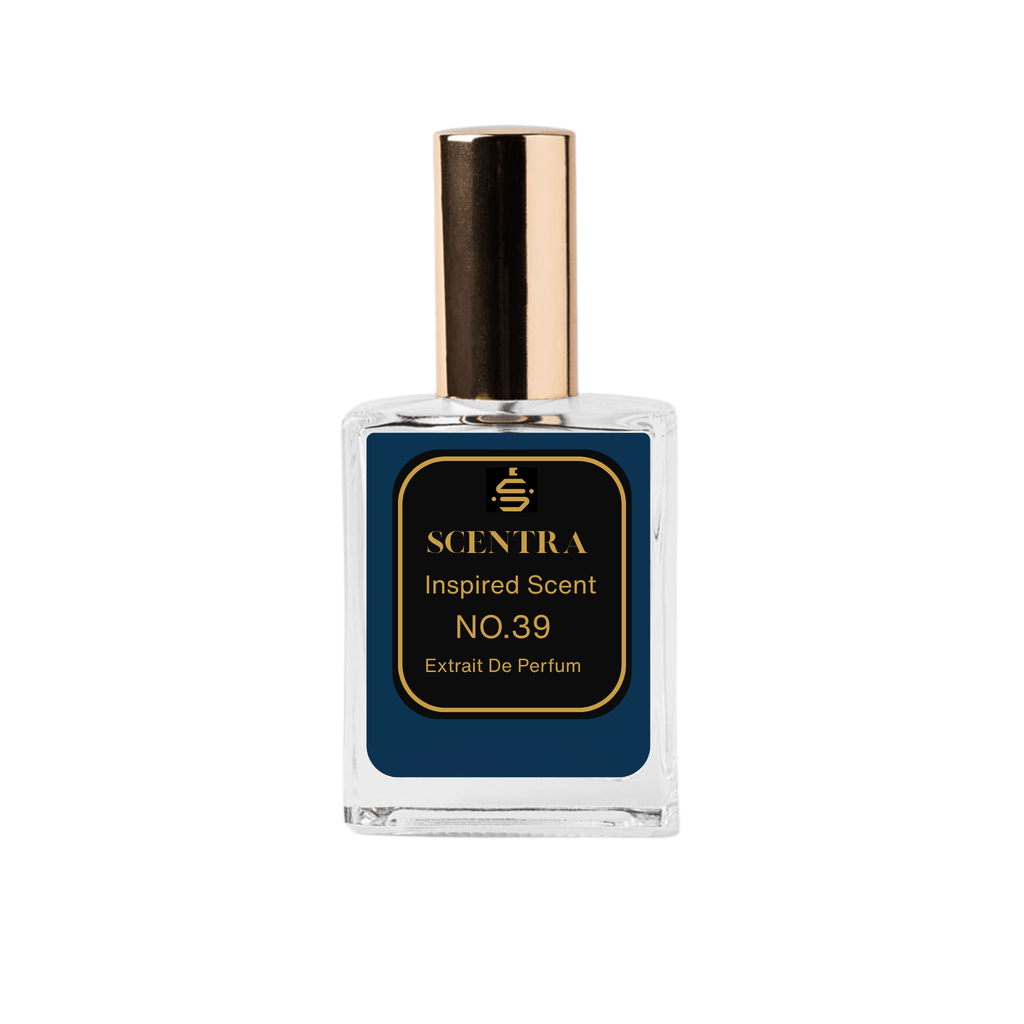 Scentra No.39 Aromatic Aquatic Extrait de Parfum glass bottle with gold cap and elegant black label.